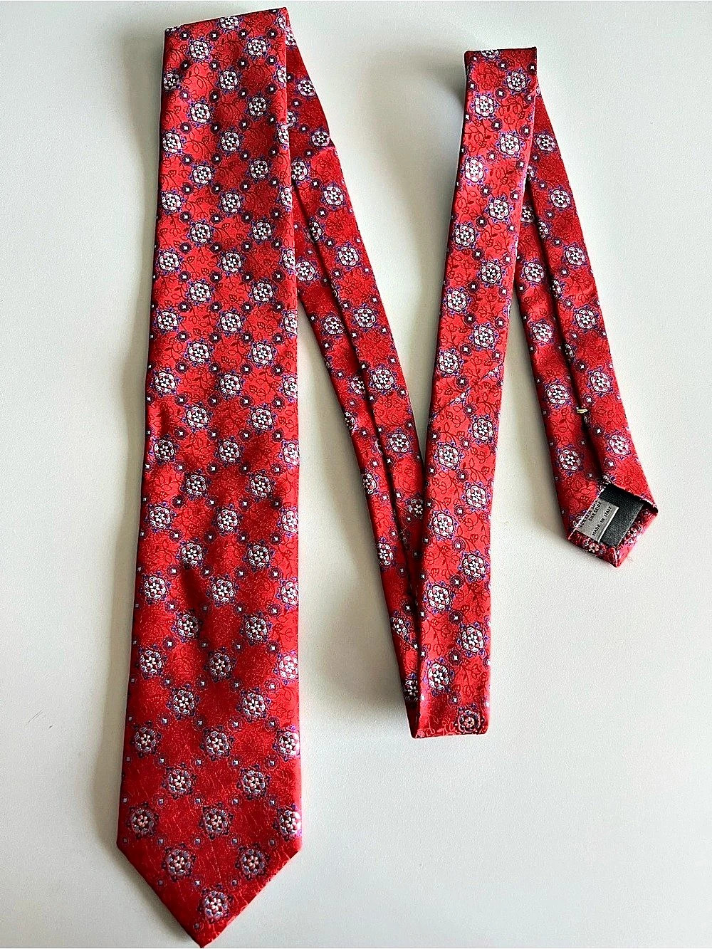Canali 1934 Red Medallion Silk Tie Made in Italy Burgundy Blue Geometric Luxury